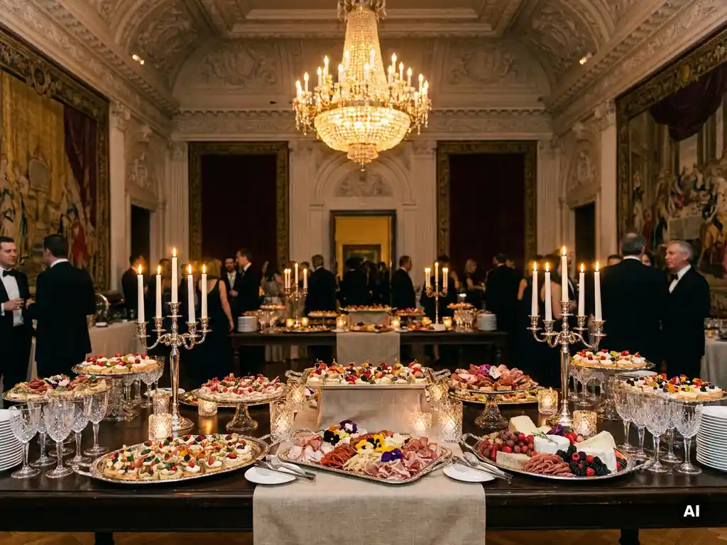 Luxe bedrijfsborrel met canapés, charcuterie en kristallen glazen op een linnen gedekte tafel in een statige museumzaal met kroonluchter.
