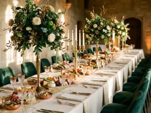 Elegante feesttafel met artisanale hapjes, kristallen glazen, kaarslicht en bloemstukken in crème, goud en bosgroen.