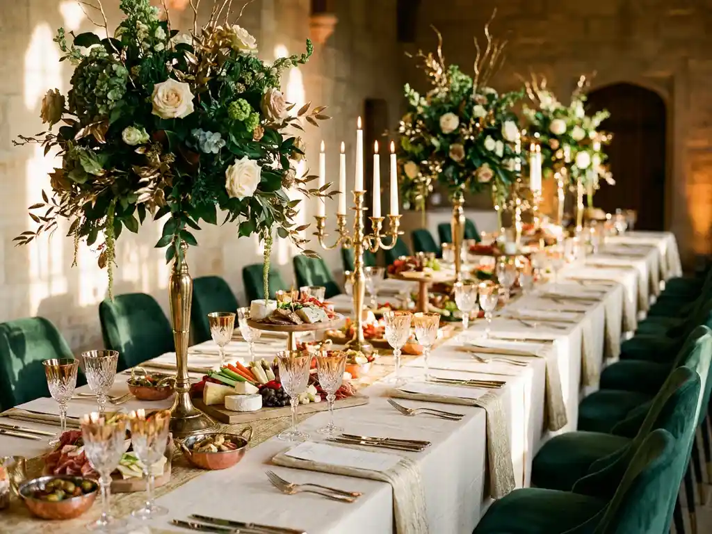Elegante feesttafel met artisanale hapjes, kristallen glazen, kaarslicht en bloemstukken in crème, goud en bosgroen.