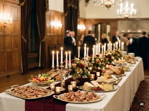 Elegante feestelijke banquettafel met ambachtelijke hapjes, seizoensgroenten en zilveren schalen in een statige feestzaal.