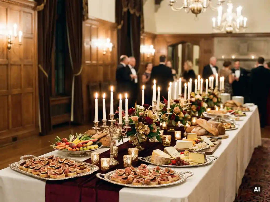 Elegante feestelijke banquettafel met ambachtelijke hapjes, seizoensgroenten en zilveren schalen in een statige feestzaal.