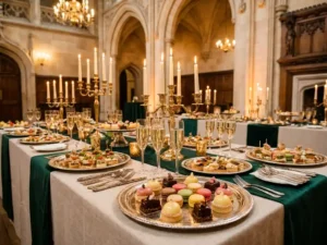 Feestelijke catering met hapjes, petit fours en champagneglazen op een linnen tafel in een sierlijke culturele zaal met kaarslicht.