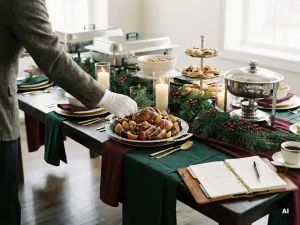 Feestelijke cateringtafel met zilveren schalen, dennentakken en rode bessen, opengeslagen leren planner bij kaarslicht.