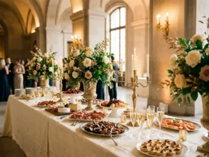 Feestelijk gedekte tafel met seizoensgebonden hapjes, champagneglazen en bloemstukken in een stijlvolle feestzaal met kaarslicht.