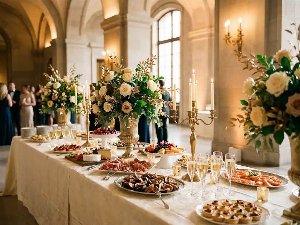 Feestelijk gedekte tafel met seizoensgebonden hapjes, champagneglazen en bloemstukken in een stijlvolle feestzaal met kaarslicht.