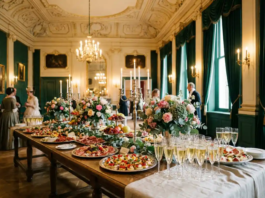Feestelijk gedekte tafel met canapés, charcuterie, verse bloemen en champagneglazen in een historisch Nederlands interieur met gouden kaarslicht.