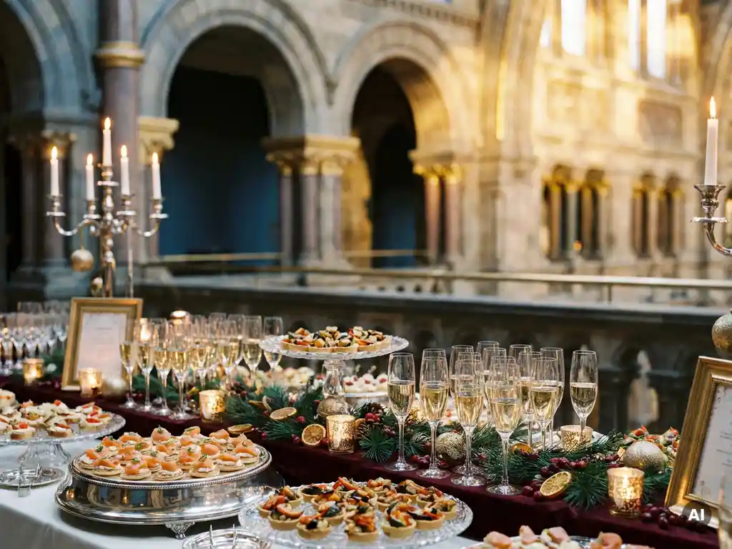 Feestelijke borrelstafel met champagneflûtes, elegante canapés en winterse decoraties van dennentakjes en cranberry's in een statige museumzaal.