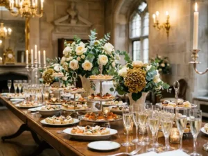 Feestelijk gedekte tafel met elegante canapés, kleurrijke bloemen en champagneglazen in een statig erfgoedgebouw met gouden kaarslicht.