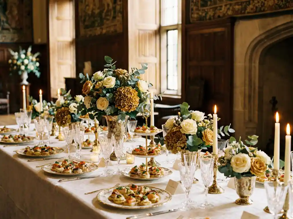 Feestelijk gedekte tafel met elegante canapés, champagneglazen en seizoensbloemen in een grand café, verlicht door kaarslicht.