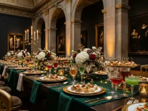 Feestelijk gedekte tafel met elegante canapés, kleurrijke cocktails en bloemstukken in een sierlijke Nederlandse museumzaal.