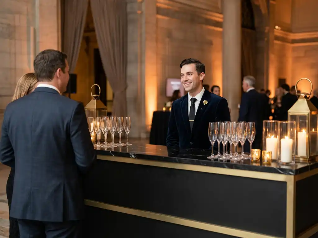 Elegante gastheer verwelkomt bezoekers bij een stijlvolle donkere receptiebalie met champagneglazen op zwart marmer, kaarslicht en gouden tinten.
