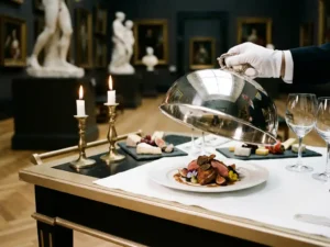 Zilveren stolp die wordt opgelicht boven een elegant opgemaakt gerecht, met kristallen glazen en leisteen serveerplanken bij kaarslicht in een museuminterieur.