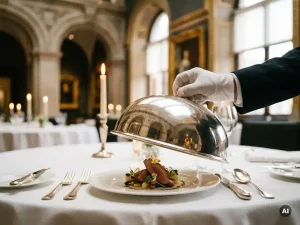 Zilveren cloche die wordt opgetild boven een elegant opgemaakt gourmantgerecht op wit linnen tafel, kaarslicht weerspiegelt in gepolijst bestek.