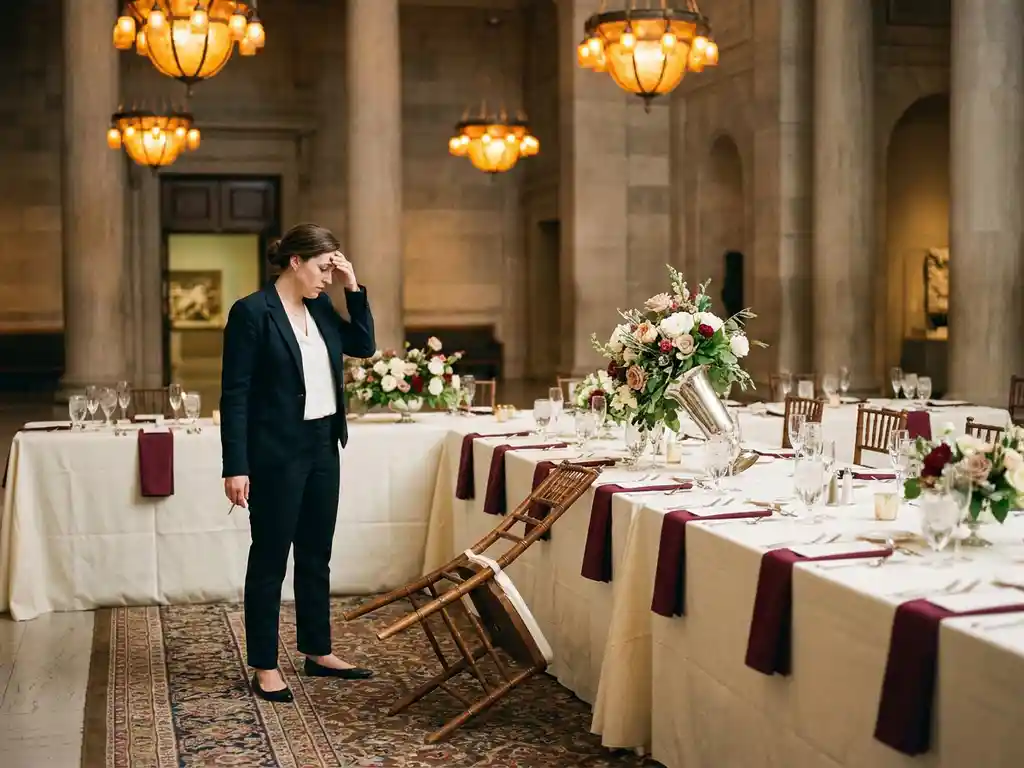 Gestresste eventplanner bij een half opgemaakte banquettafel in een museumzaal met omgevallen stoel en scheve bloemstukken.