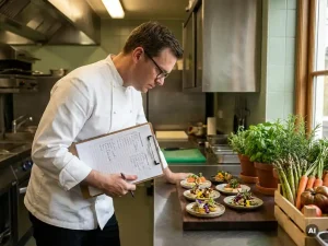 Chef in wit uniform controleert HACCP-klembord naast elegant gepresenteerde amuses in professionele roestvrijstalen keuken.