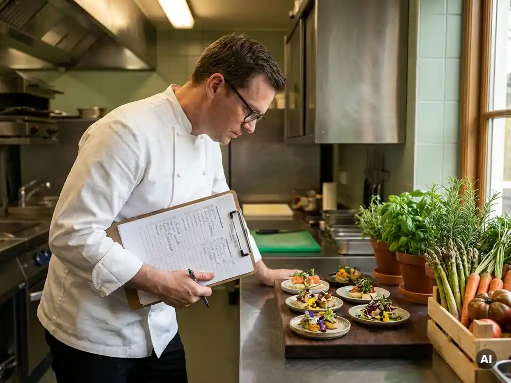 Chef in wit uniform controleert HACCP-klembord naast elegant gepresenteerde amuses in professionele roestvrijstalen keuken.