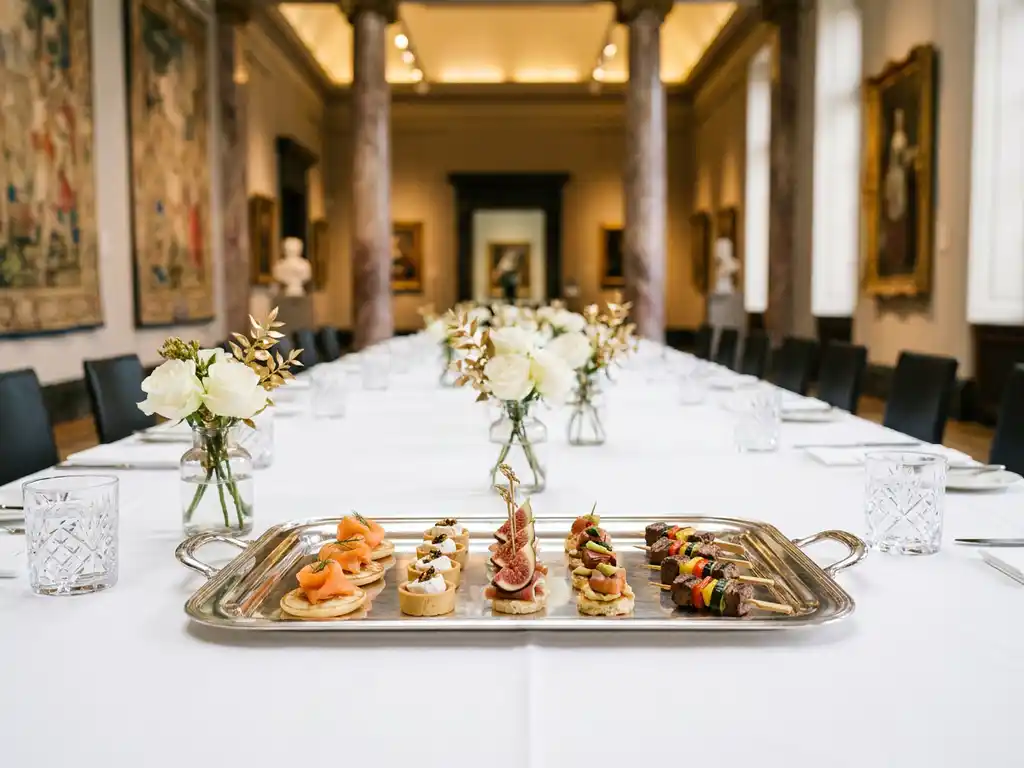 Zilveren dienblad met elegante canapés en mini-brochettes op een witte linnentafel in een museumzaal, met kristallen glazen en bloemaccenten.