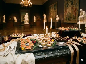 Elegante canapés en gourmetgerechtjes op donker marmer in een museumzaal, verlicht door kaarslicht met gouden accenten.