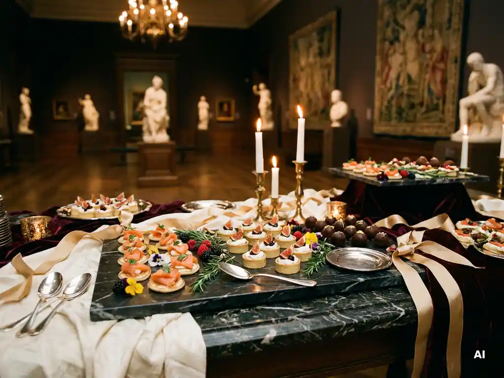Elegante canapés en gourmetgerechtjes op donker marmer in een museumzaal, verlicht door kaarslicht met gouden accenten.