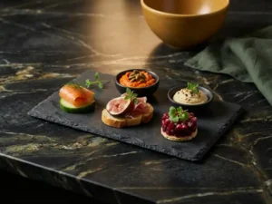 Donker leisteen serveerplank met allergievriendelijke canapés, versierd met verse kruiden, zaden en microgreens op gepolijst marmeren oppervlak.