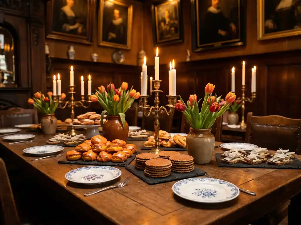 Feestelijke Nederlandse tafel met oranje gebak, stroopwafels en haringbites op leistenen planken, omringd door oranje tulpen en kaarslicht.