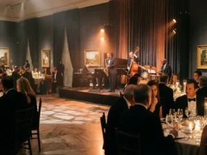 Jazzquartet op verlicht podium tijdens museumgala, gasten in avondkleding aan kaarslicht tafels met kristallen glaswerk, warme amberkleurige spots.