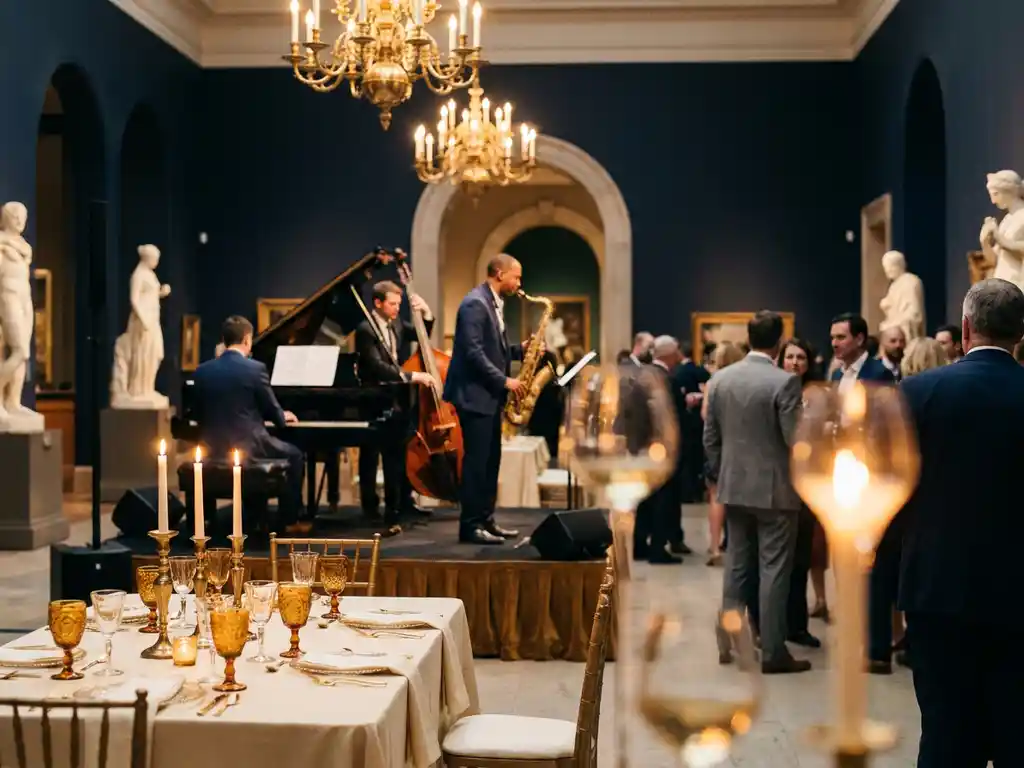 Jazztrio op klein podium in elegante museumzaal, met gedekte tafels op de voorgrond en gasten in zachte bokeh achtergrond.