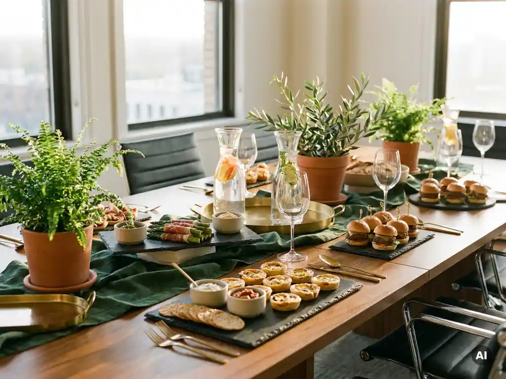 Elegant cateringopstelling op vergadertafel met fingerfood op leisteen planken, wijnglazen en waterkaraffen in warm natuurlijk licht.