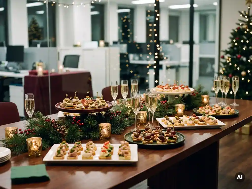Feestelijke kantoortafel met champagneglazen, elegante canapés, dennentakken en kaarsen in warme goud- en bordeauxtinten.