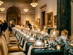 Feestelijk gedekte bankettafel met zilveren stolpen, kaarslicht en wintergroen in een sierlijke museumzaal voor een zakelijk kerstdiner.
