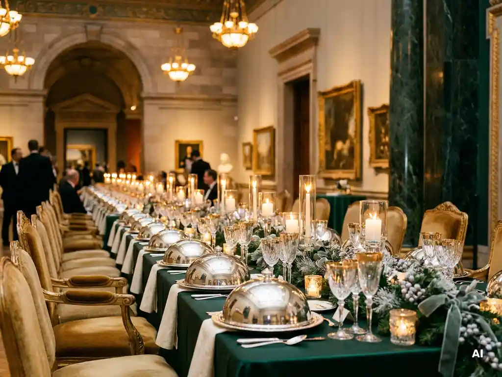 Feestelijk gedekte bankettafel met zilveren stolpen, kaarslicht en wintergroen in een sierlijke museumzaal voor een zakelijk kerstdiner.