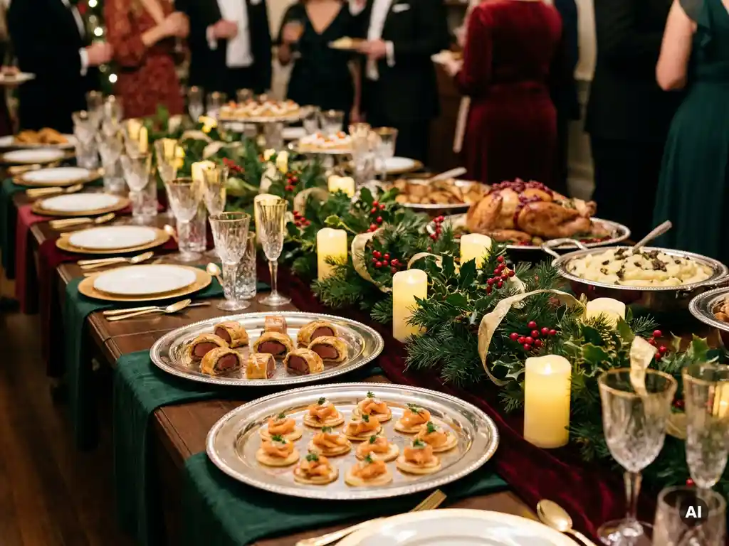 Feestelijk kerstbuffet met zilveren schalen, canapés en dennentakken op een lange gedekte tafel bij kaarslicht.