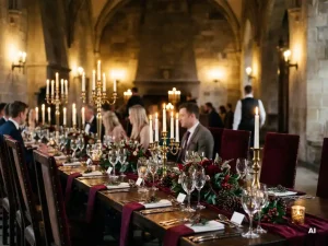 Feestelijk gedekte banquettafel met kaarslicht, kristallen glazen en rode bloemstukken in historische zaal voor kerstdiner.