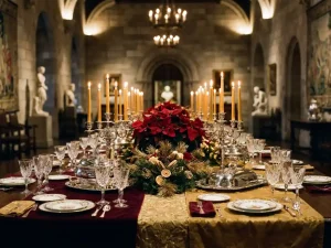 Feestelijk gedekte kersttafel in een elegante museumzaal met kristallen glazen, rode poinsettia's en zilveren serveerschalen bij kaarslicht.