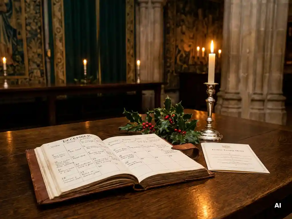 Leren evenementenplanner opengeslagen op december, omringd door kerstdecoraties, kaarslicht en een menukaart op een eiken tafel in museumzaal.