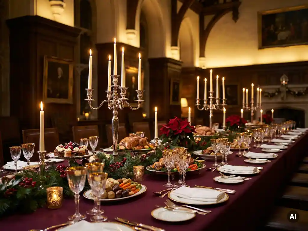 Feestelijk gedekte bankettafel met zilveren schalen, kristallen glazen, kaarslicht en rode poinsettia's voor een zakelijk kerstdiner.