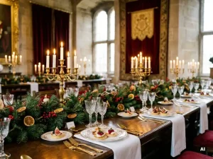 Kerstdiner tafel in museumzaal met gouden kandelaars, dennentakken, canapés en kristallen glazen op wit linnen.