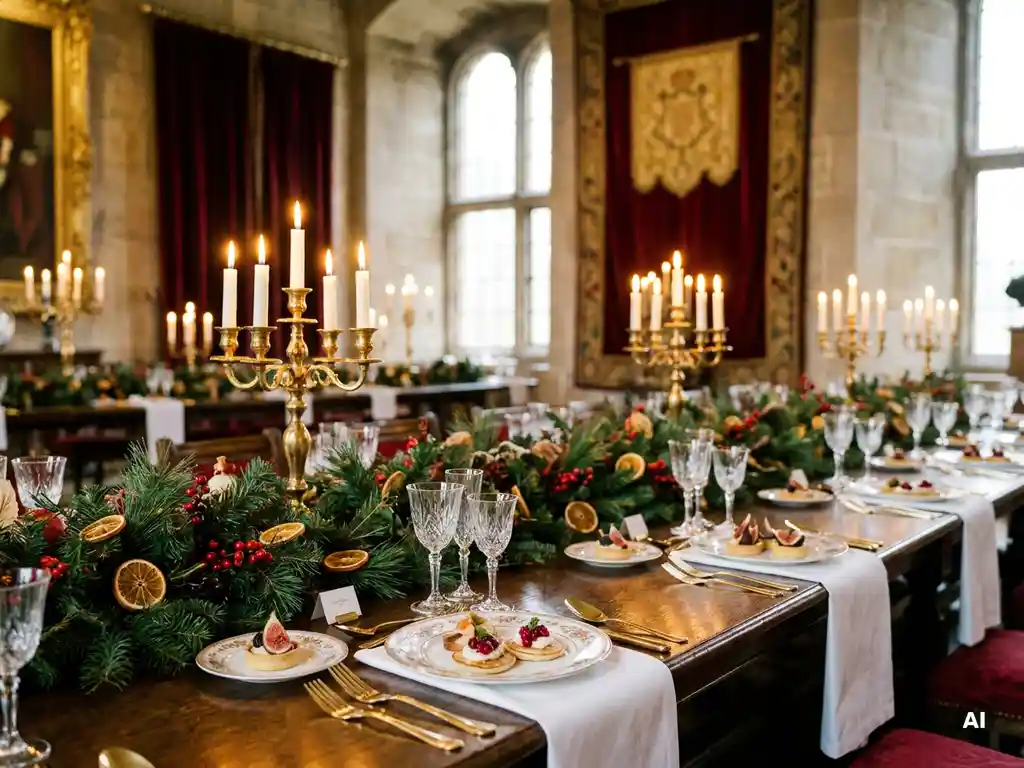 Kerstdiner tafel in museumzaal met gouden kandelaars, dennentakken, canapés en kristallen glazen op wit linnen.