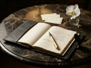 Opengeslagen leren eventplanner op donker marmer met gouden vulpen, plaatskaartjes en witte orchidee in warm dramatisch licht.