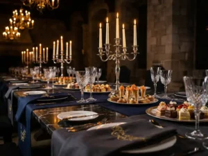 Luxe bankettafel met kristallen glazen, zilveren kandelaars en gourmet canapés op donker marmer, verlicht door warm kaarslicht.