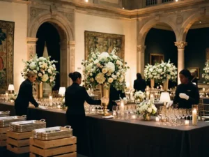 Cateringmedewerkers met witte handschoenen schikken bloemstukken op tafels met antraciet linnen in een luxe feestzaal met kristallen glaswerk en kaarslicht.
