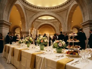 Luxe cateringtafel met kristallen glazen, gelaagde dessertschalen en bloemstukken in een statige museumzaal met kaarslicht.
