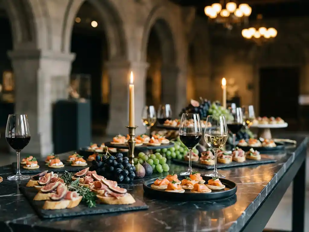 Luxe cateringbuffet met kleine hapjes op leisteen en zwart keramiek, verlicht door kaarslicht in een sfeervolle zaal met stenen bogen.