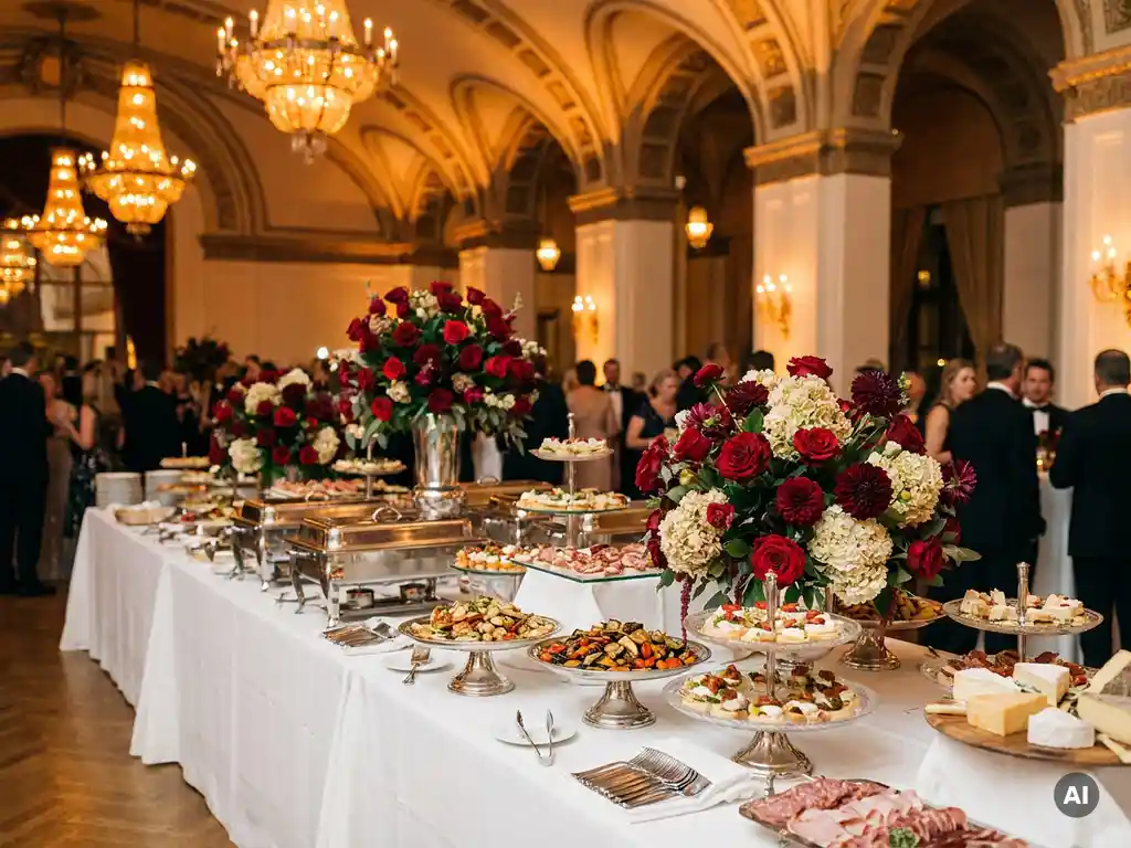 Elegante cateringbuffetten met seizoensgebonden hapjes, verse bloemen en zilverwerk in een grand venue met warme kroonluchters.