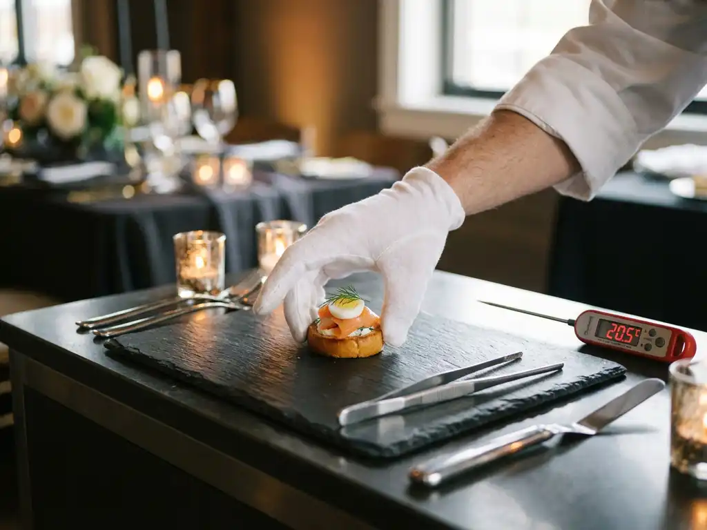 Witte handschoen plaatst gourmet canapé op leisteen serveerplank bij kaarslicht tijdens luxe cateringevenement.