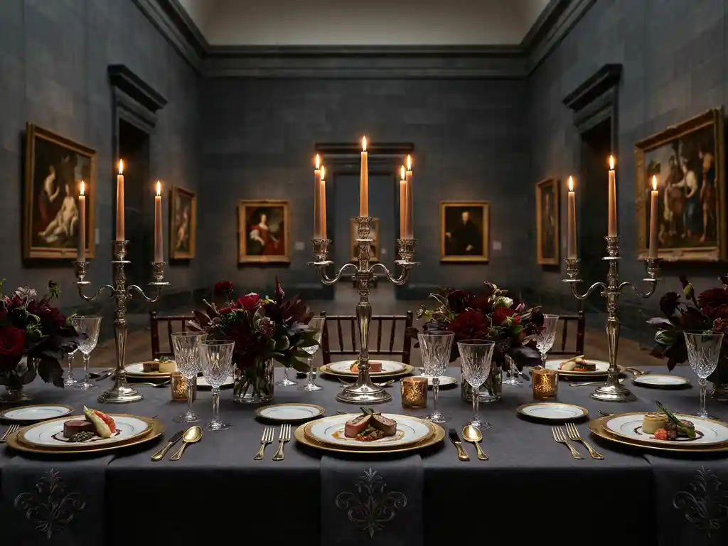 Luxe bankettafel in museumzaal met zilveren kandelaars, bordeauxrode bloemen en kristallen glazen in dramatisch kaarslicht.