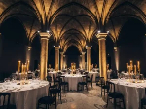 Weelderige evenementenlocatie met stenen zuilen, gewelfde plafonds en rond gedekte tafels met witte linnen en gloeiende kaarsen.