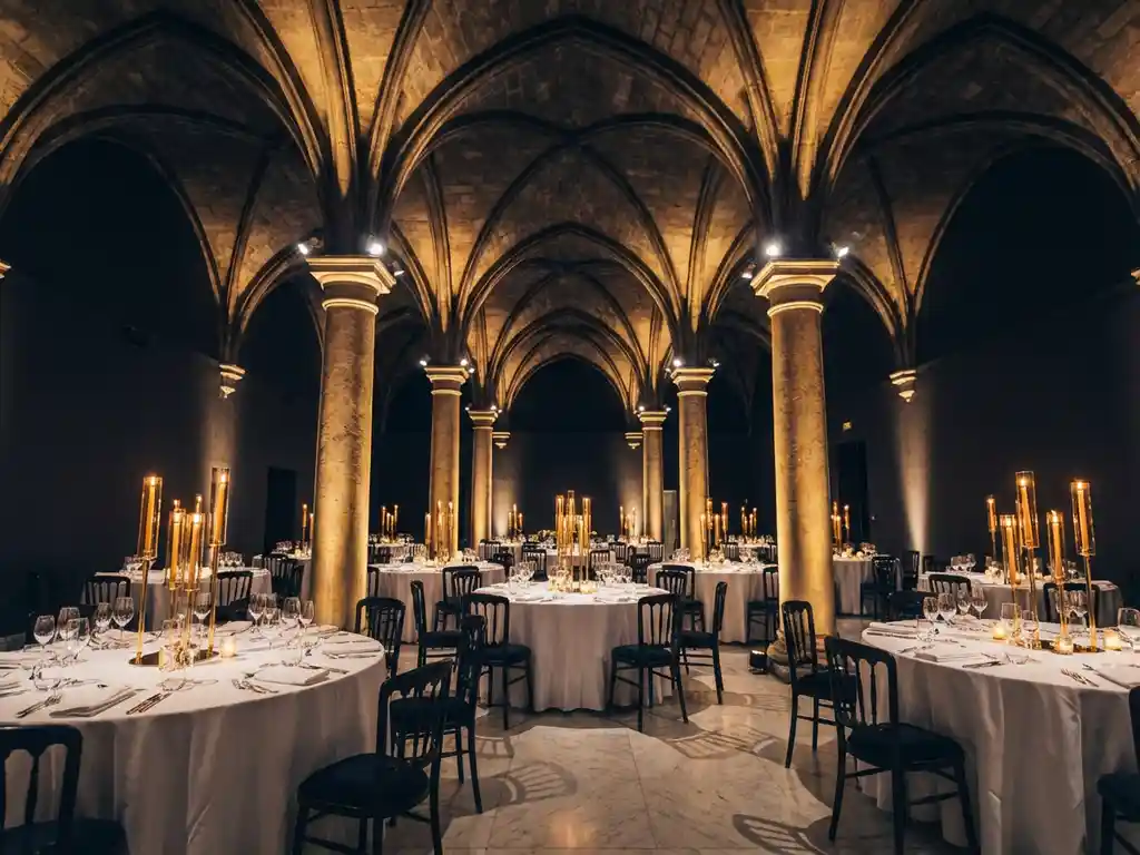Weelderige evenementenlocatie met stenen zuilen, gewelfde plafonds en rond gedekte tafels met witte linnen en gloeiende kaarsen.