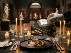 Zilveren stolp die wordt opgelicht boven een luxe gastronomisch gerecht, omringd door kristallen glazen en kaarslicht op donker marmer.