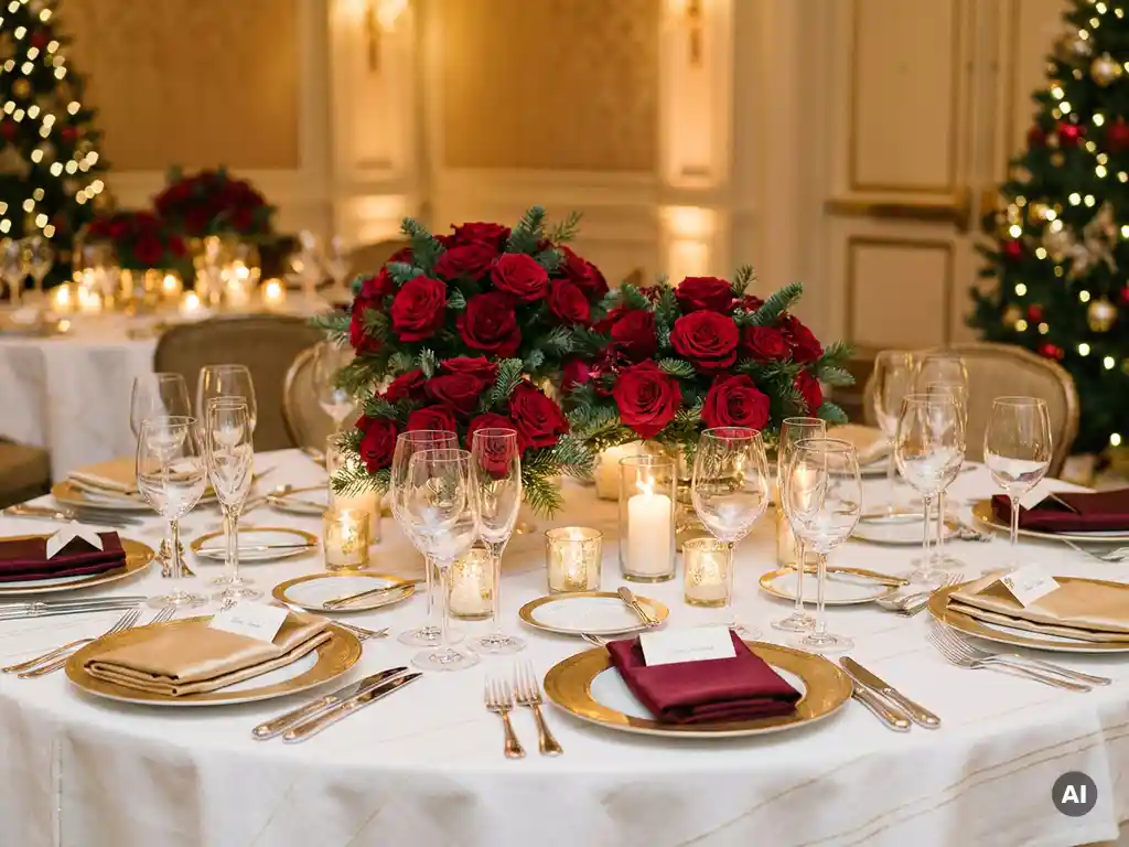 Luxueus gedekte ronde tafel voor een zakelijk kerstdiner met kristallen glazen, zilverwerk, rode rozen en kaarslicht.